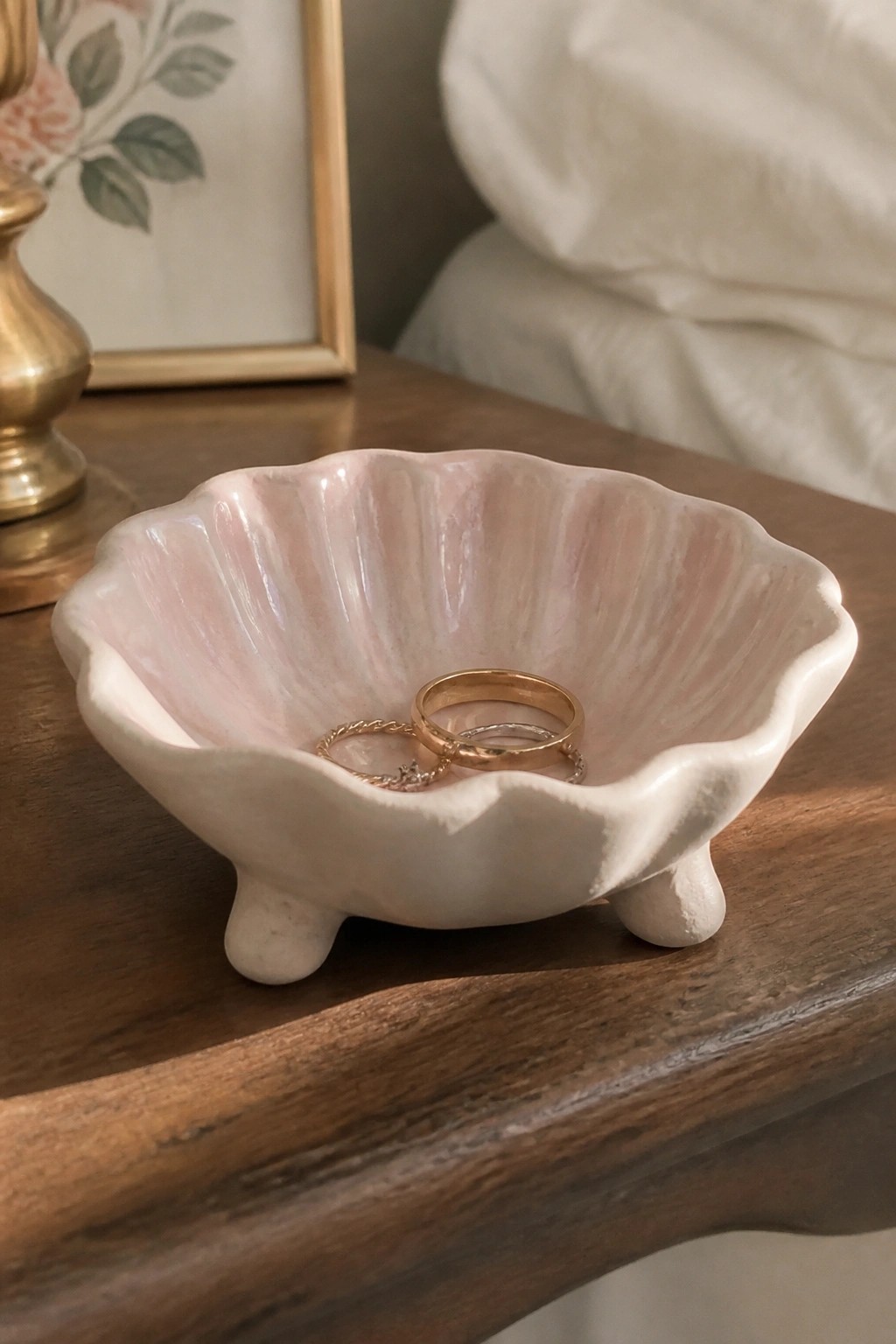 Pink seashell bowl holding gold and silver rings on wooden table