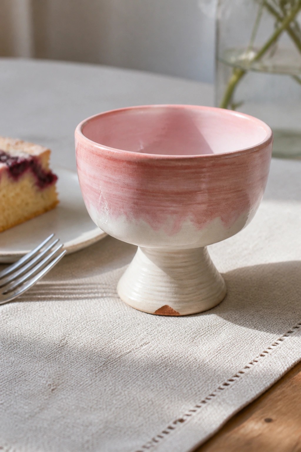 Pink and white ceramic pedestal bowl on linen beside cake slice and fork