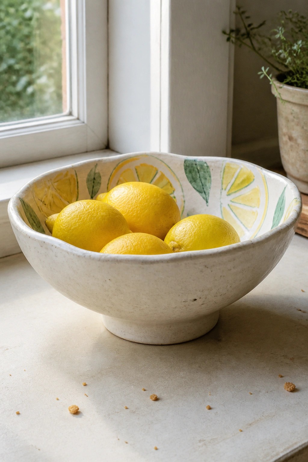 White ceramic bowl with lemon motifs holding five yellow lemons on windowsill