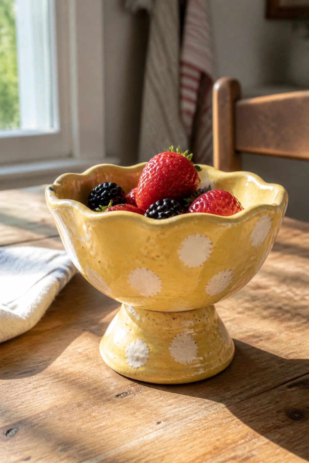 Yellow polka-dotted scalloped bowl filled with strawberries and blackberries on wooden table.