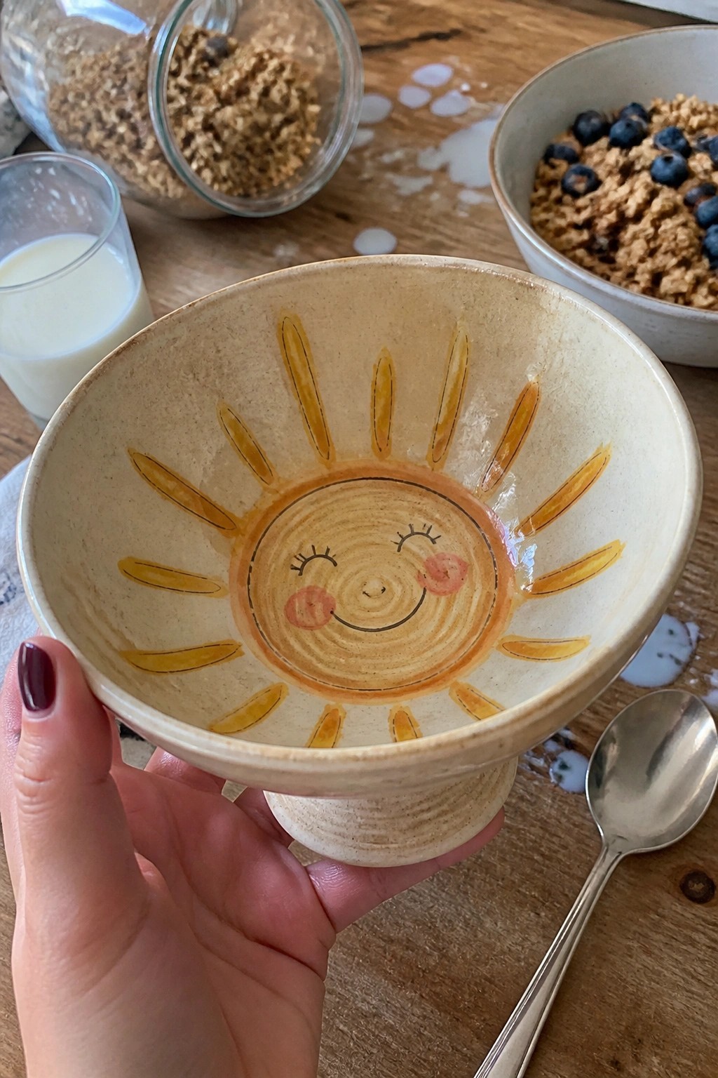 Hand holding beige sun-faced ceramic bowl on wooden table with breakfast items nearby