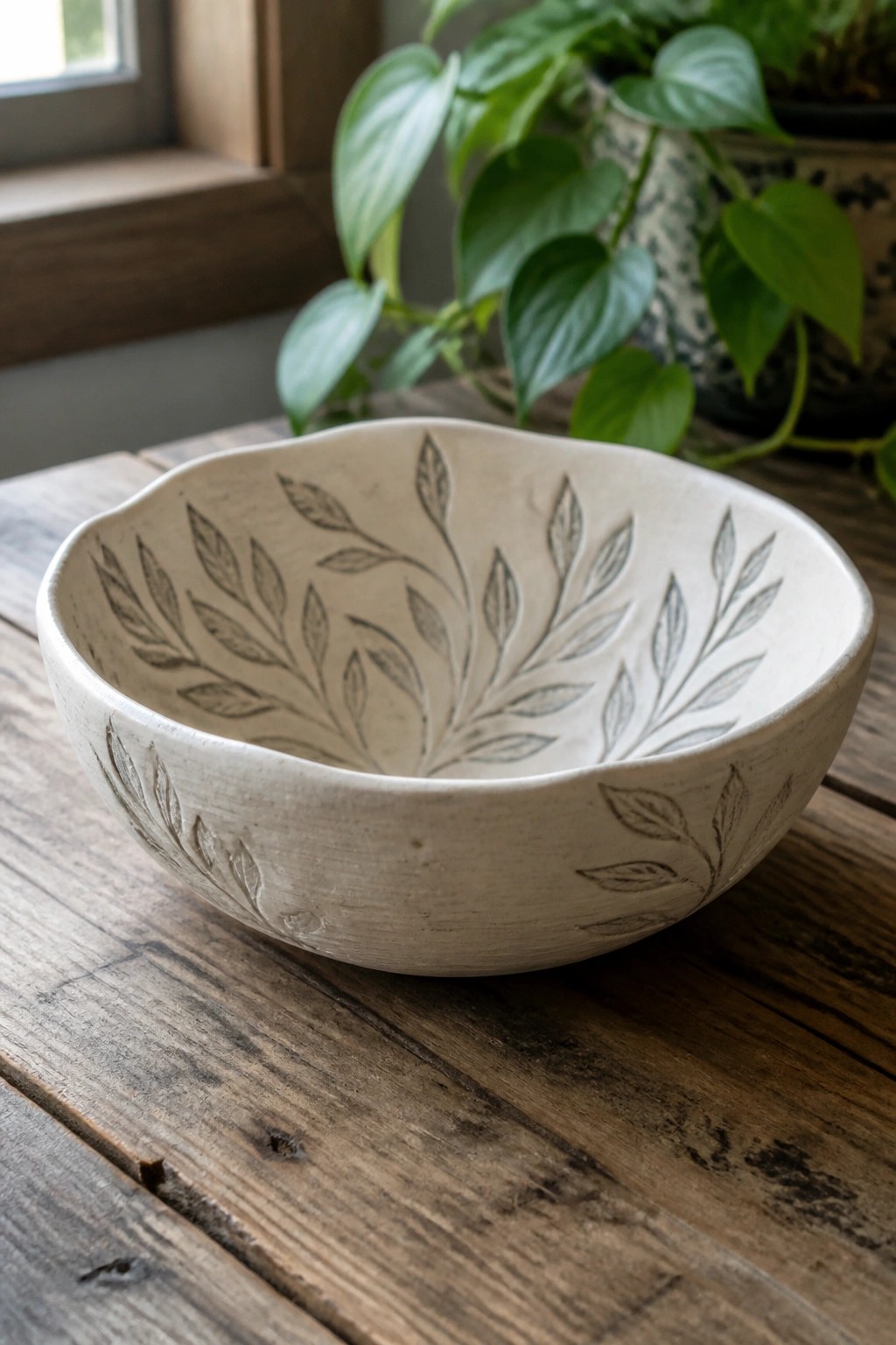 Cream-colored ceramic bowl with leaf patterns on rustic wooden table near plants