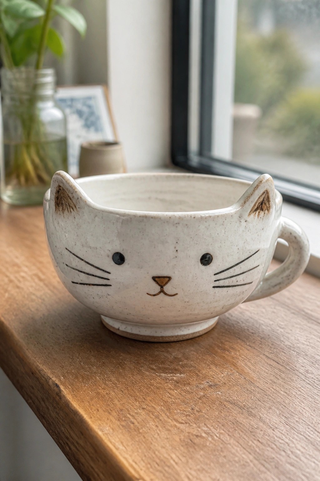 White speckled ceramic cat-face mug with handle on wooden windowsill