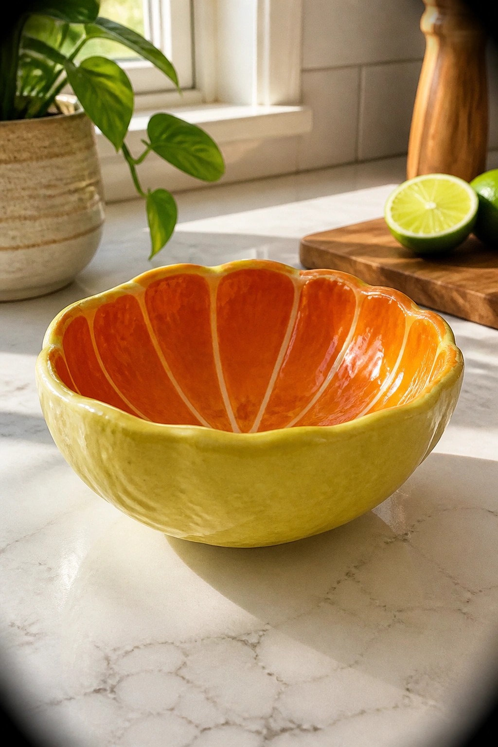 A yellow and orange ceramic bowl with a scalloped rim and segmented interior glaze sits on a white marble counter next to a cut lime.