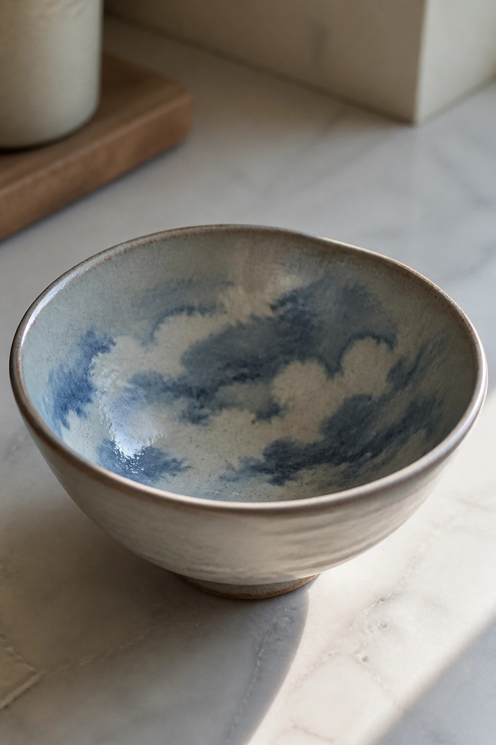 Speckled ceramic bowl with swirling blue glaze on marble countertop.