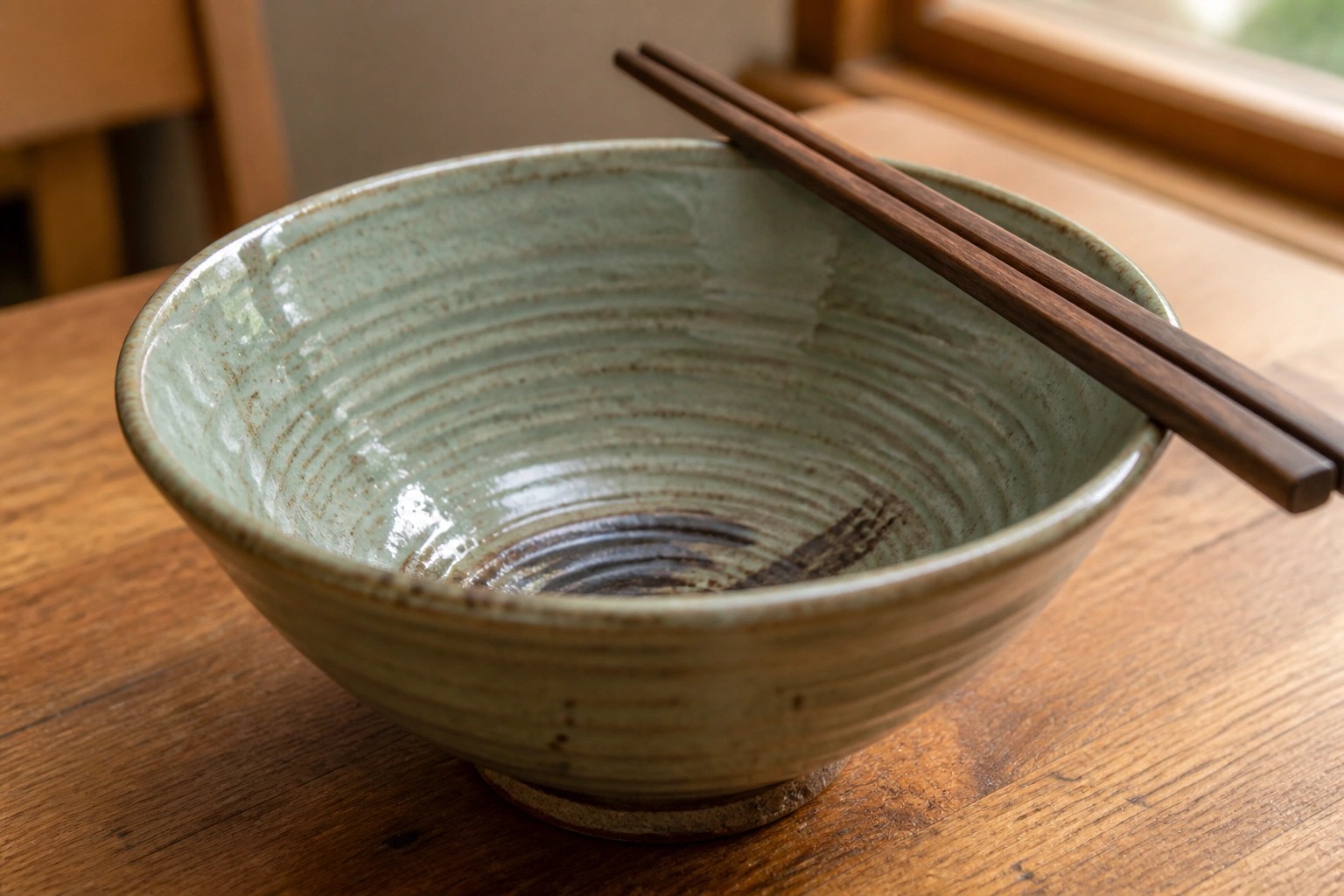 Ramen bowl with soft egg, mushrooms, greens, and chopsticks on wooden table