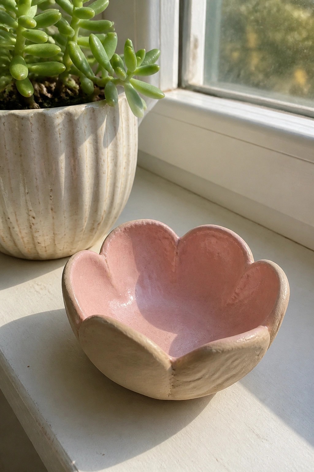 Pink flower-shaped ceramic bowl on sunlit windowsill beside potted succulent.