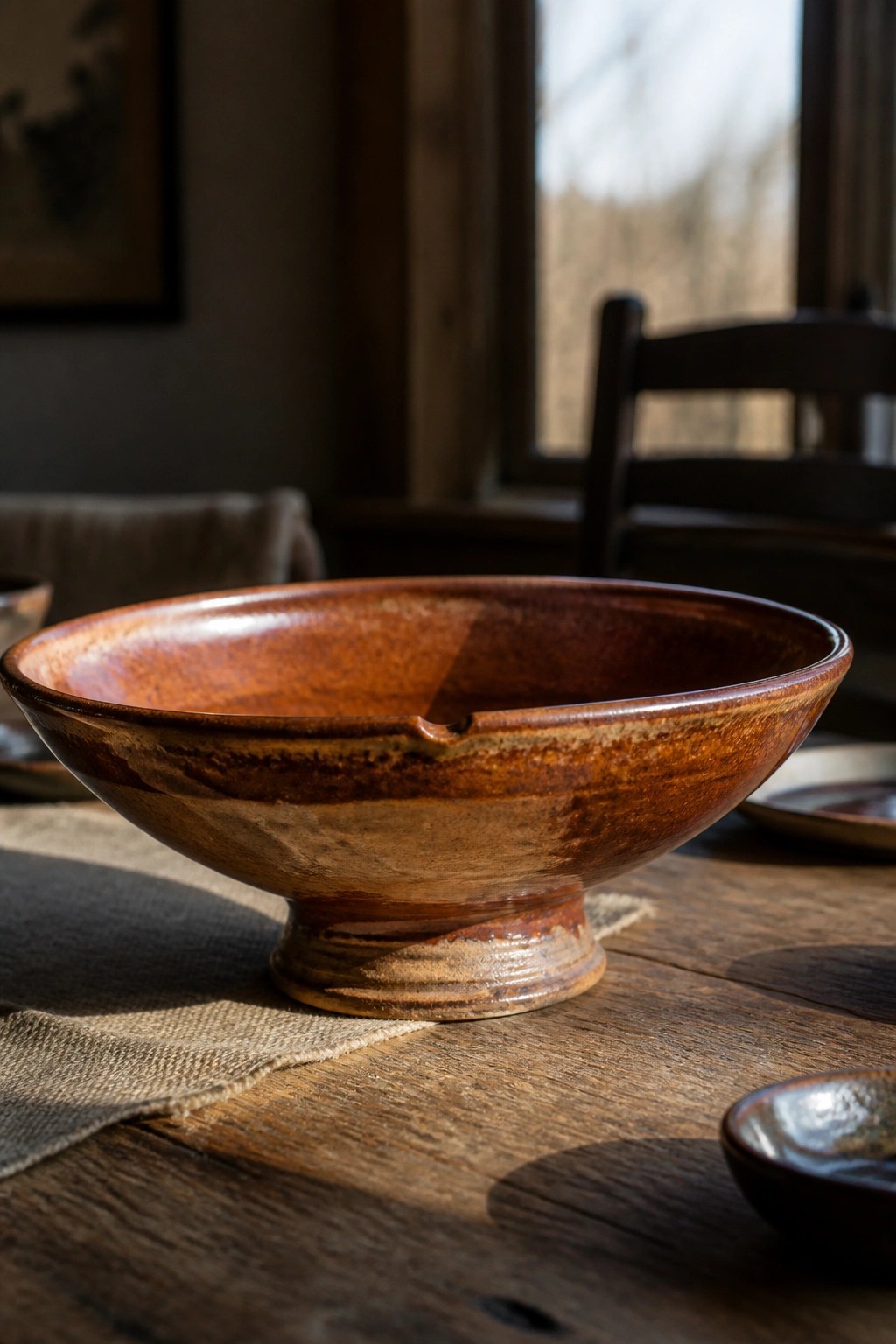 Rustic brown ceramic bowl on wooden table in natural window light