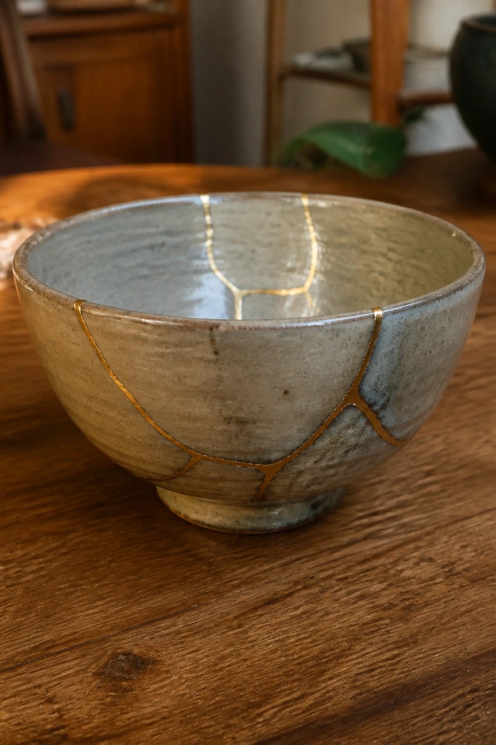 Kintsugi repaired ceramic bowl with gold cracks on wooden table