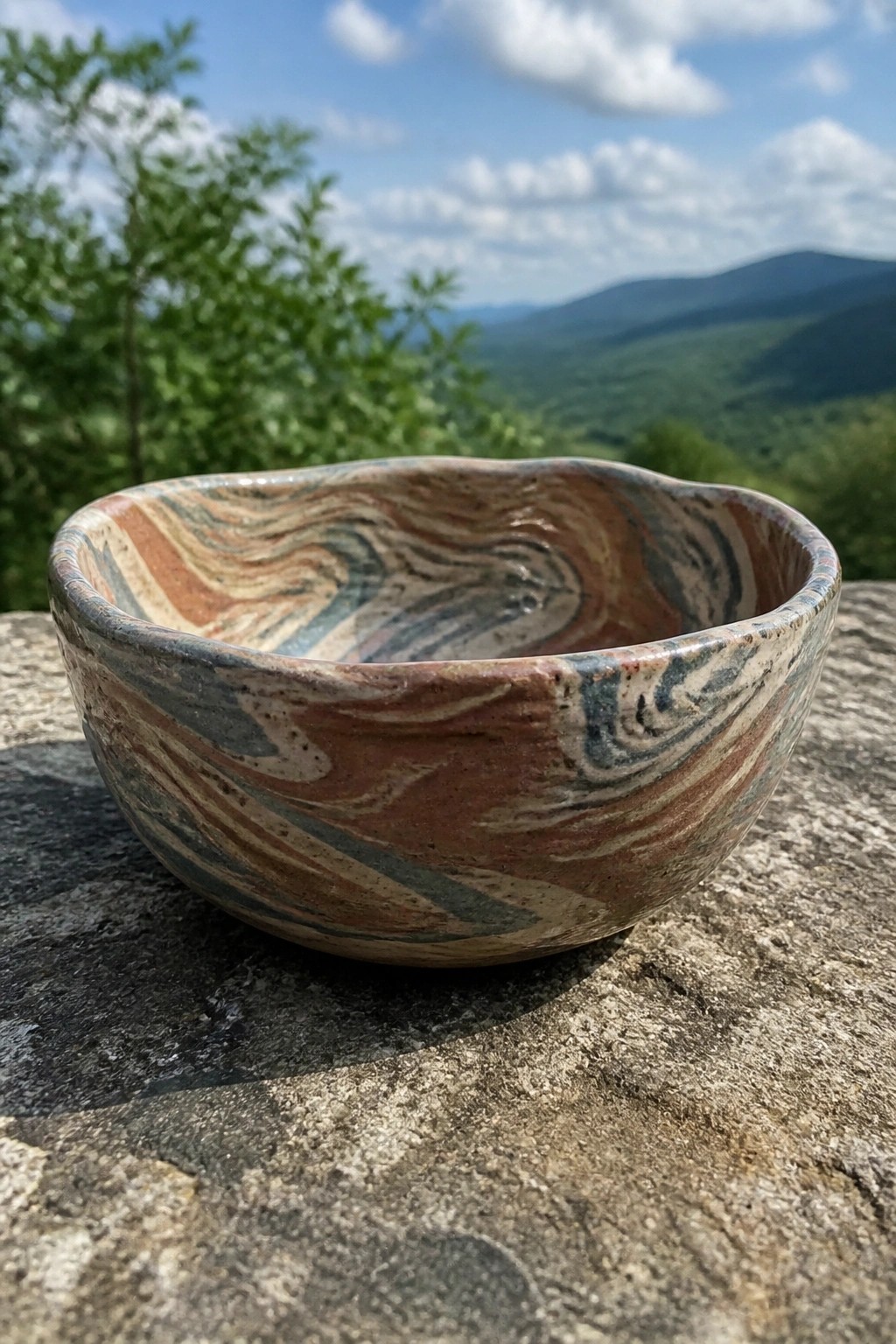 Marbled ceramic bowl on stone with green mountains and blue sky beyond.