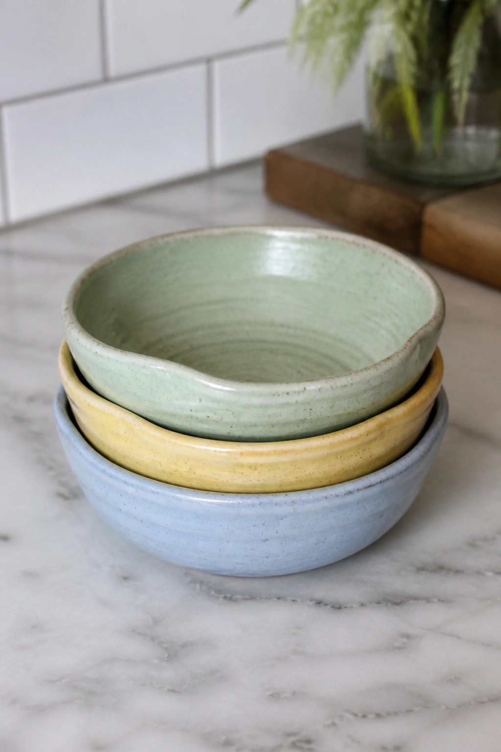 Three stacked speckled ceramic bowls in green, yellow, and blue on marble.