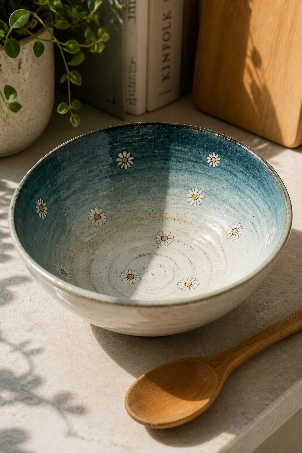 Blue ceramic daisy bowl with wooden spoon on sunlit countertop