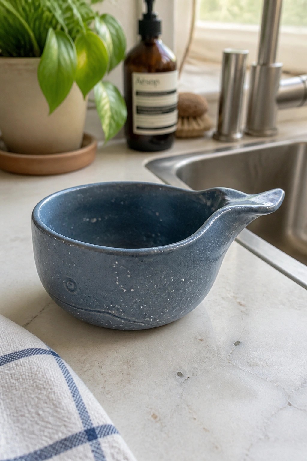 Speckled blue ceramic pouring bowl on marble kitchen counter near sink and plant