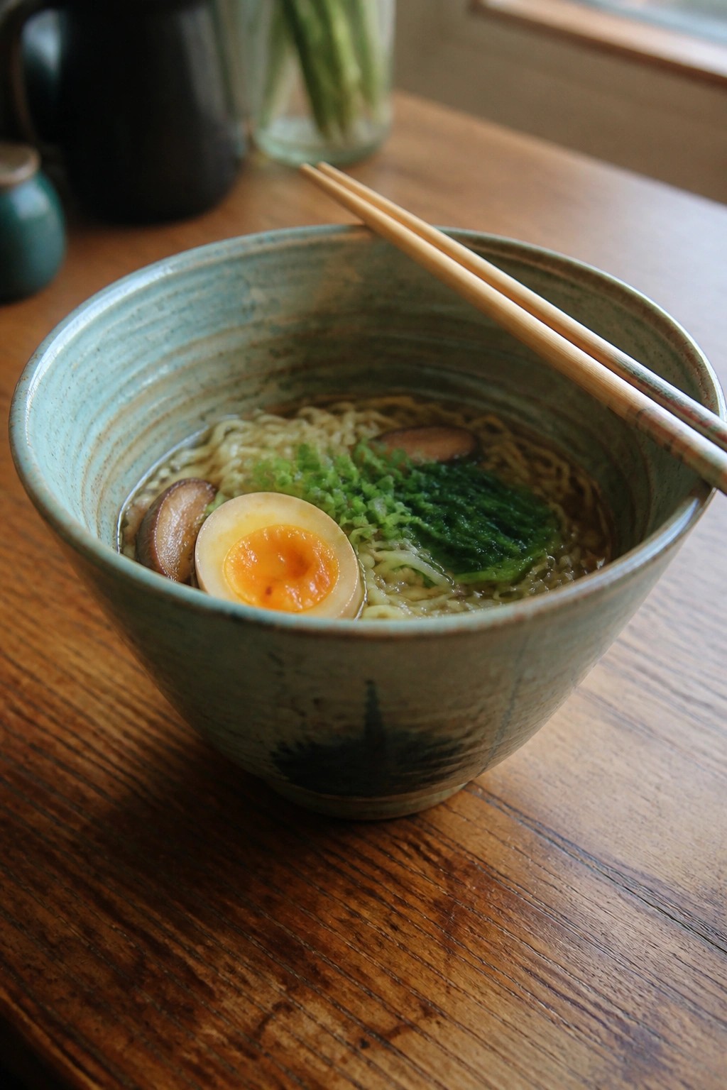 Ramen bowl with soft egg, mushrooms, greens, and chopsticks on wooden table