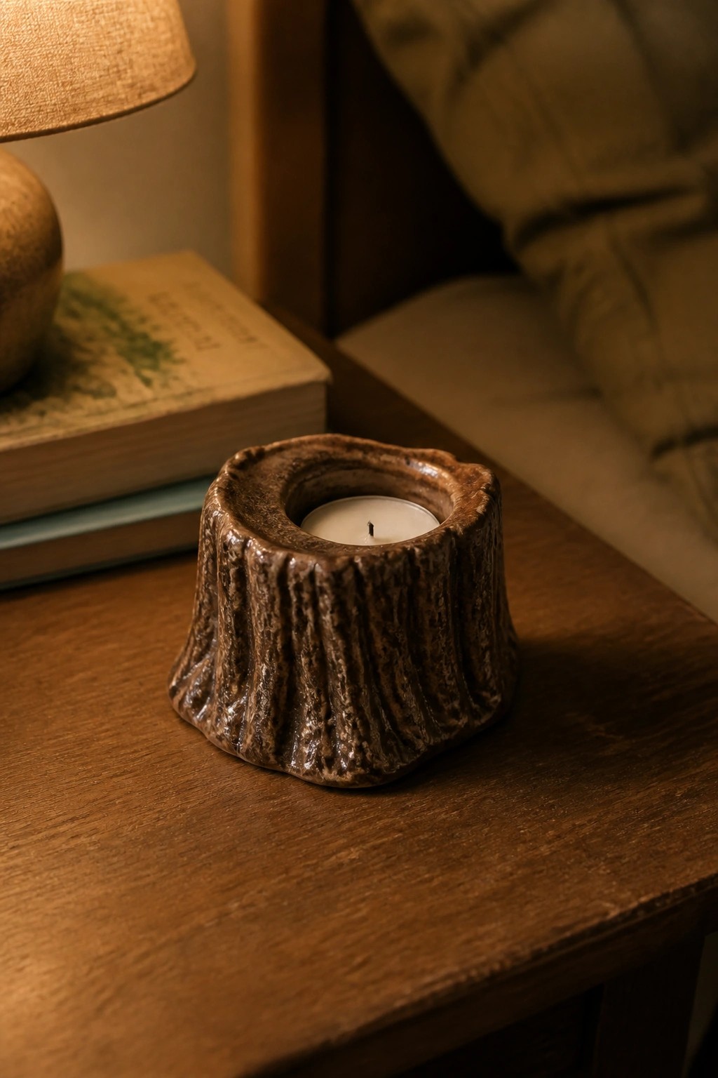 Rustic brown ceramic candle holder with lit white candle on wooden bedside table