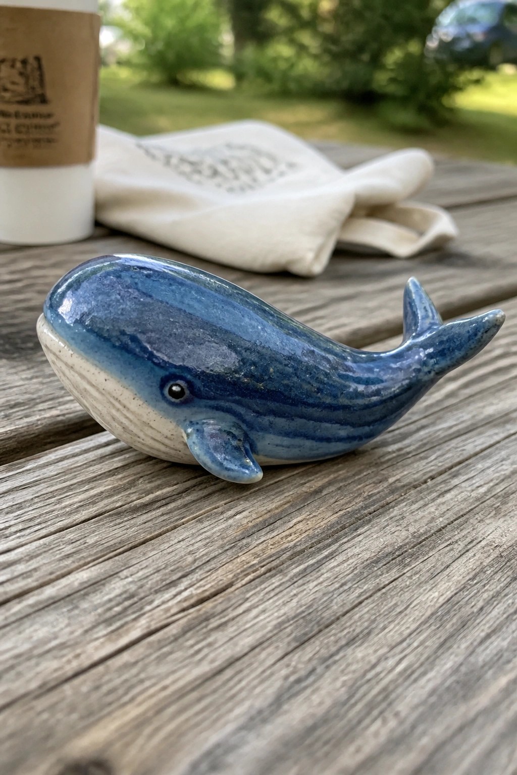 Blue ceramic whale on wooden table beside coffee cup and canvas bag