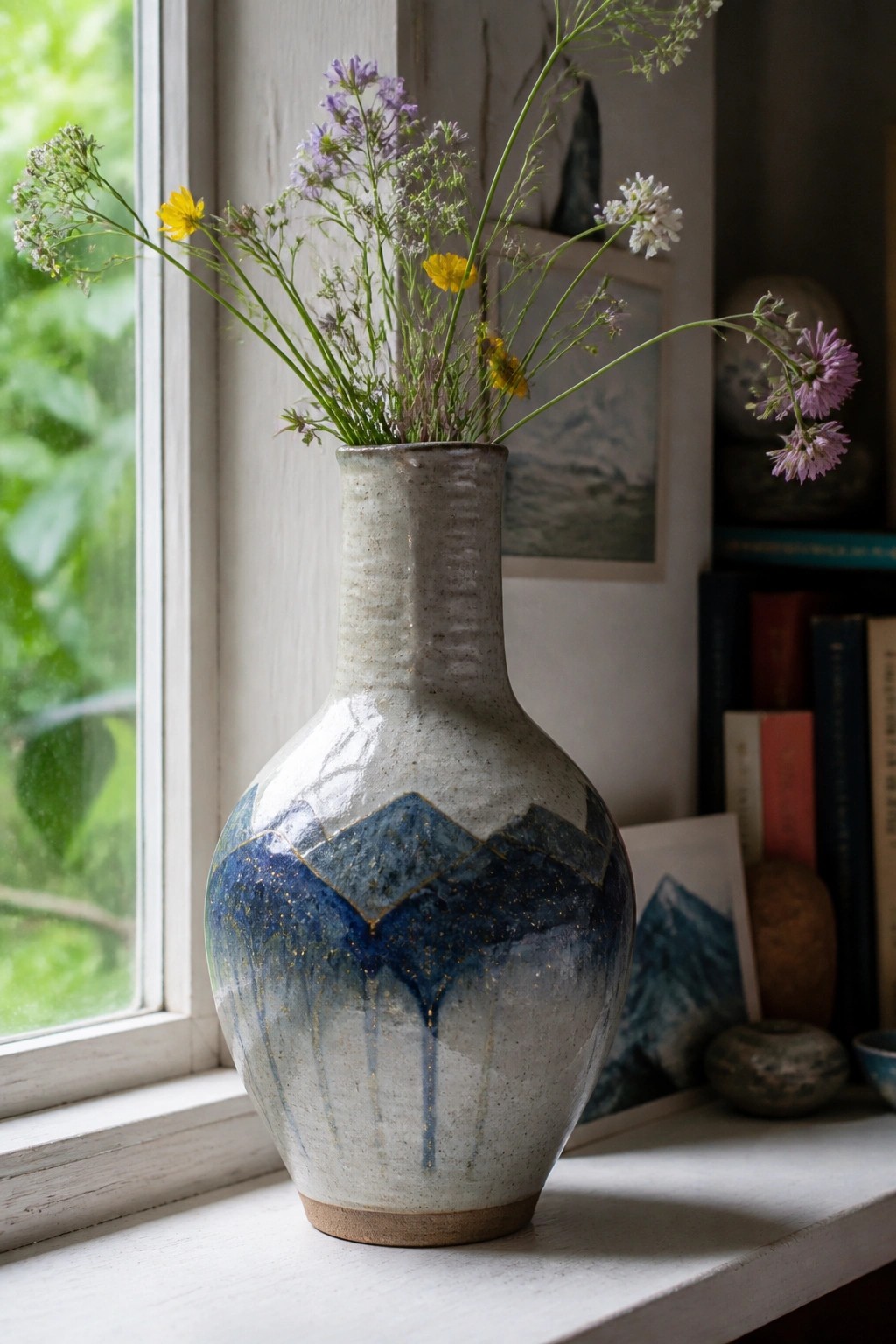 Ceramic vase with blue mountain glaze holding wildflowers on a windowsill