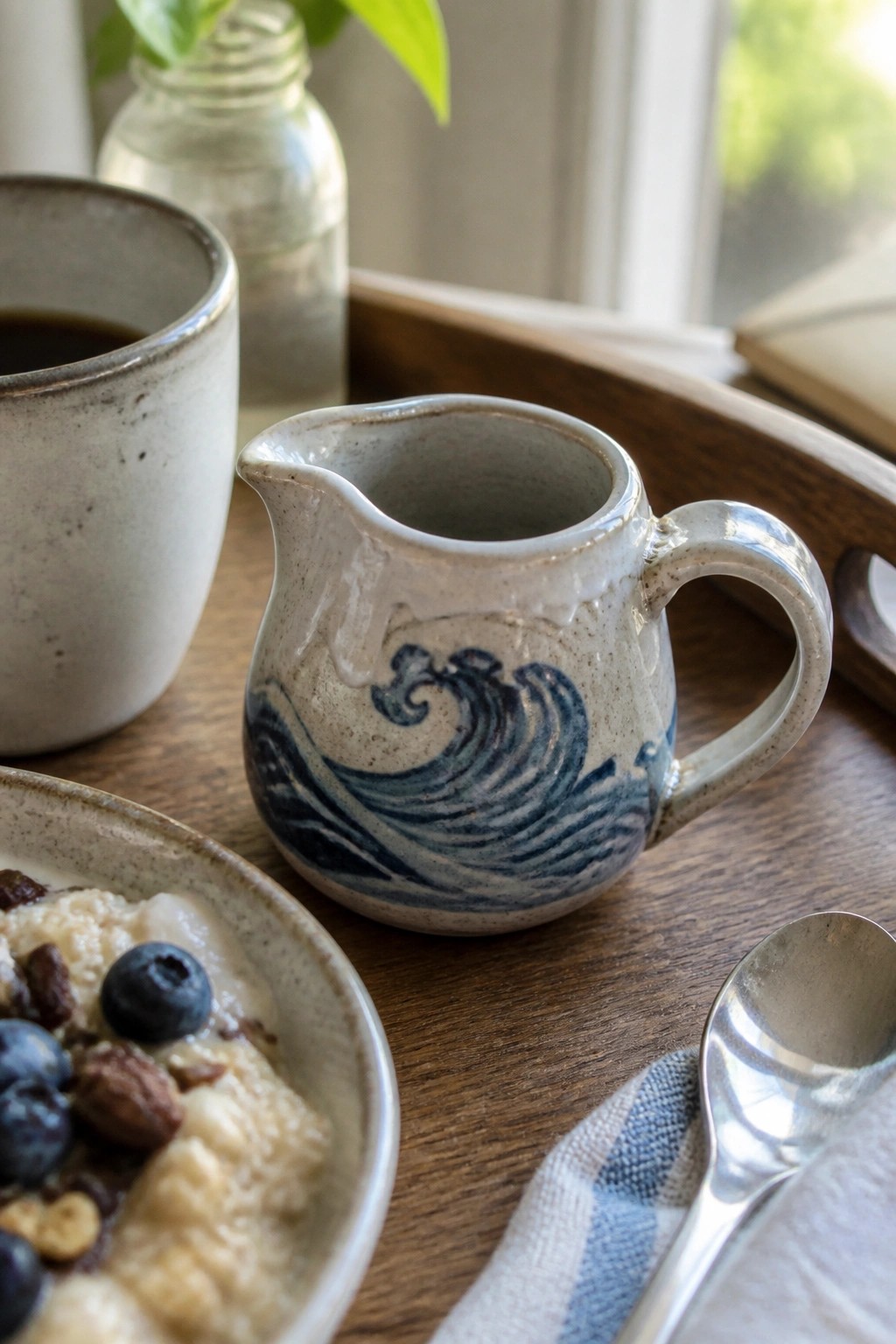 Ceramic pitcher with blue waves beside oatmeal bowl and coffee on wooden tray