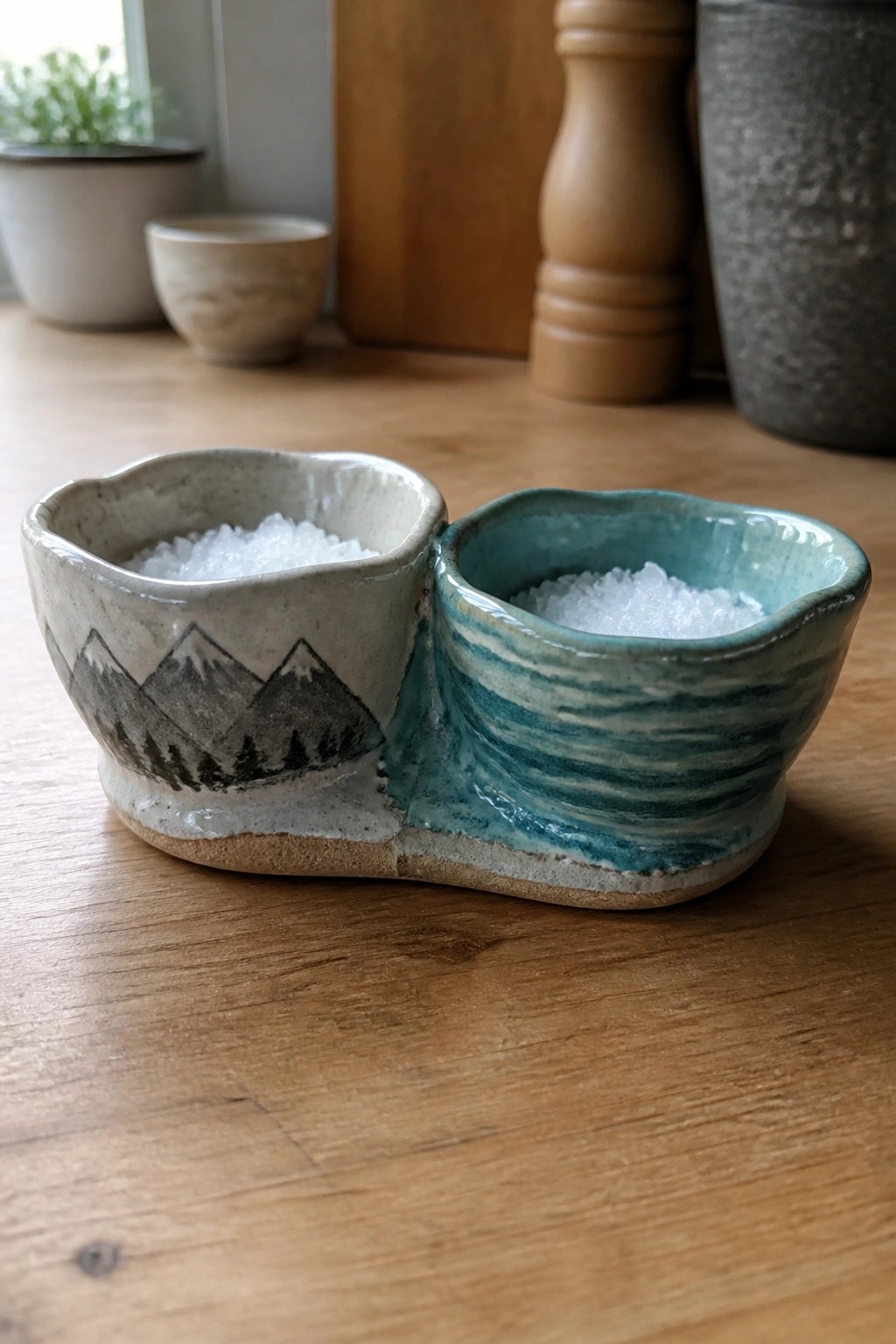 Two joined ceramic bowls with salt, mountain forest and turquoise wave designs on wood.