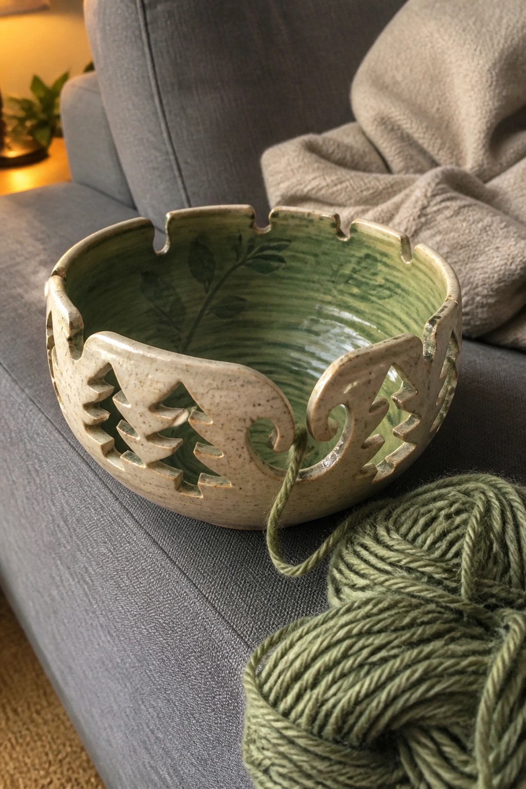 Green ceramic yarn bowl with tree cutouts beside green yarn ball on gray couch