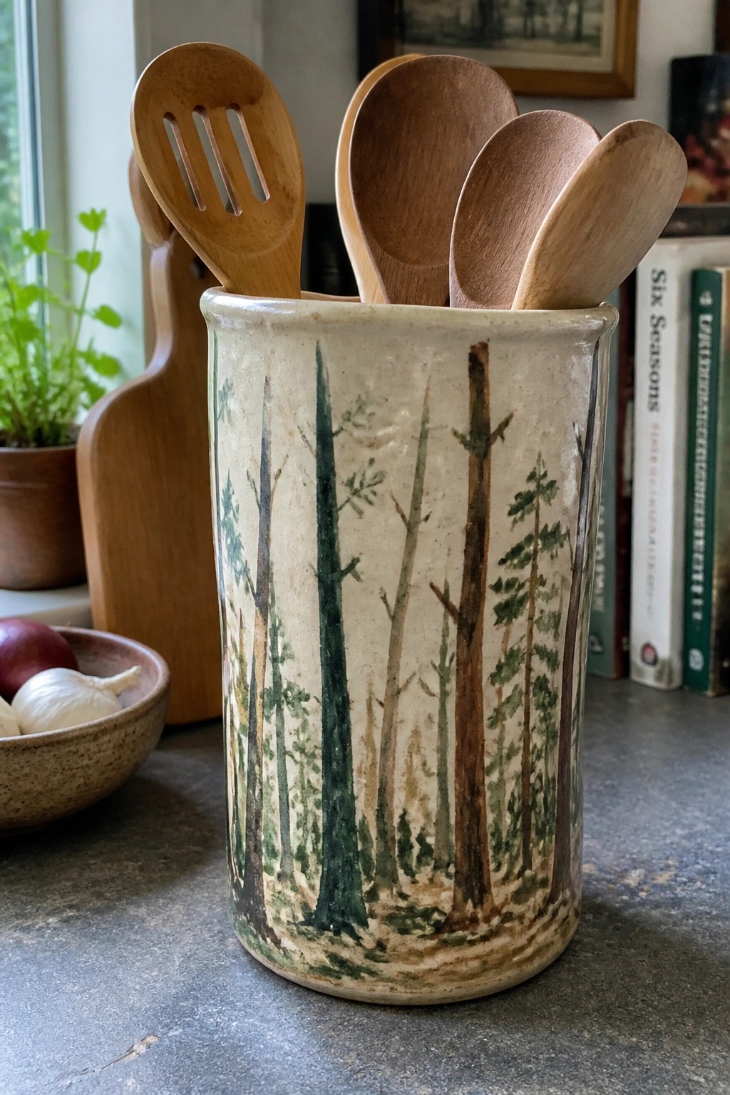 Ceramic jar painted with forest trees holding wooden kitchen spoons on counter