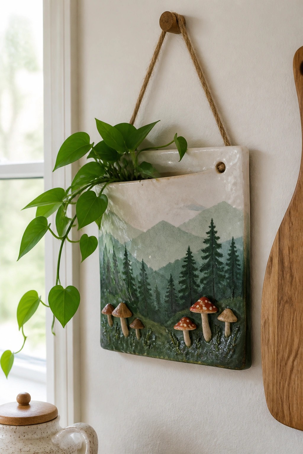 Ceramic wall pocket with misty mountains, pine trees, and raised mushrooms holding a green plant