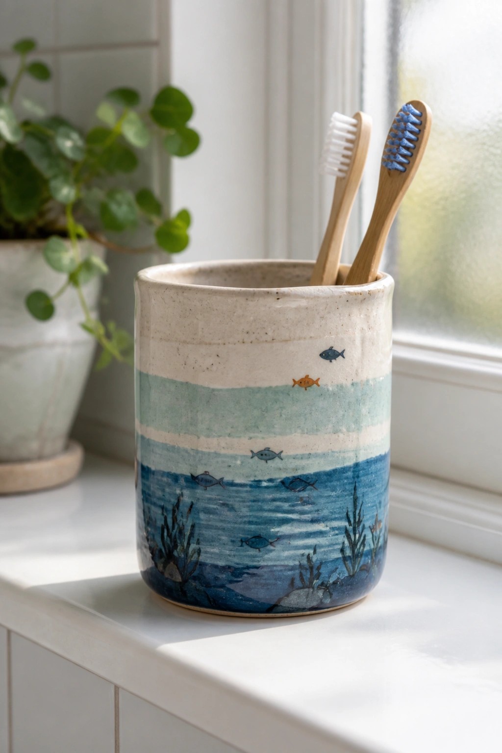 Ceramic holder with blue fish and waves holding two bamboo toothbrushes on windowsill