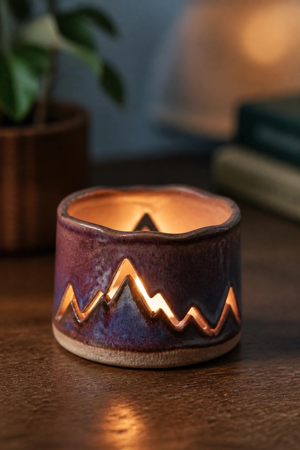 Purple ceramic holder with glowing mountain cutouts on wooden table