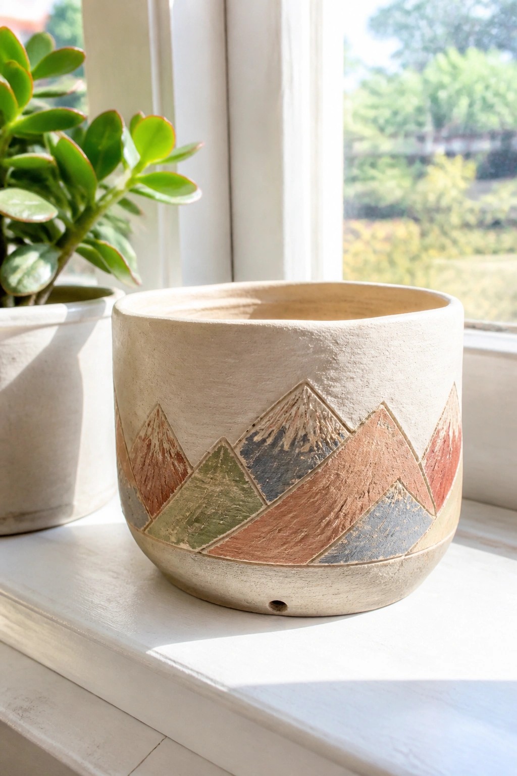 Handmade ceramic planter with colorful mountain design on sunlit windowsill