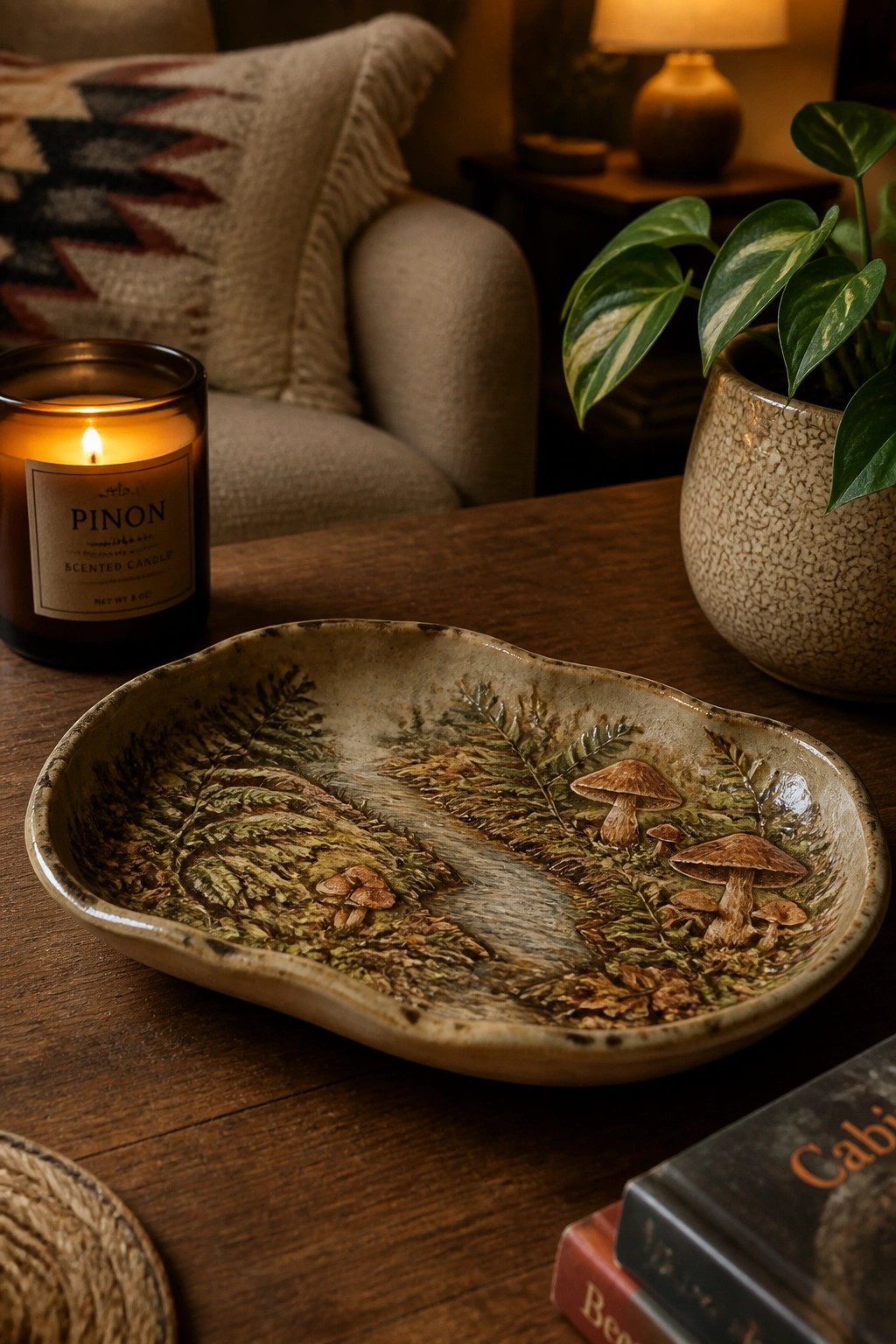 Lit pinon candle beside mushroom-illustrated ceramic bowl and potted plant on wooden table