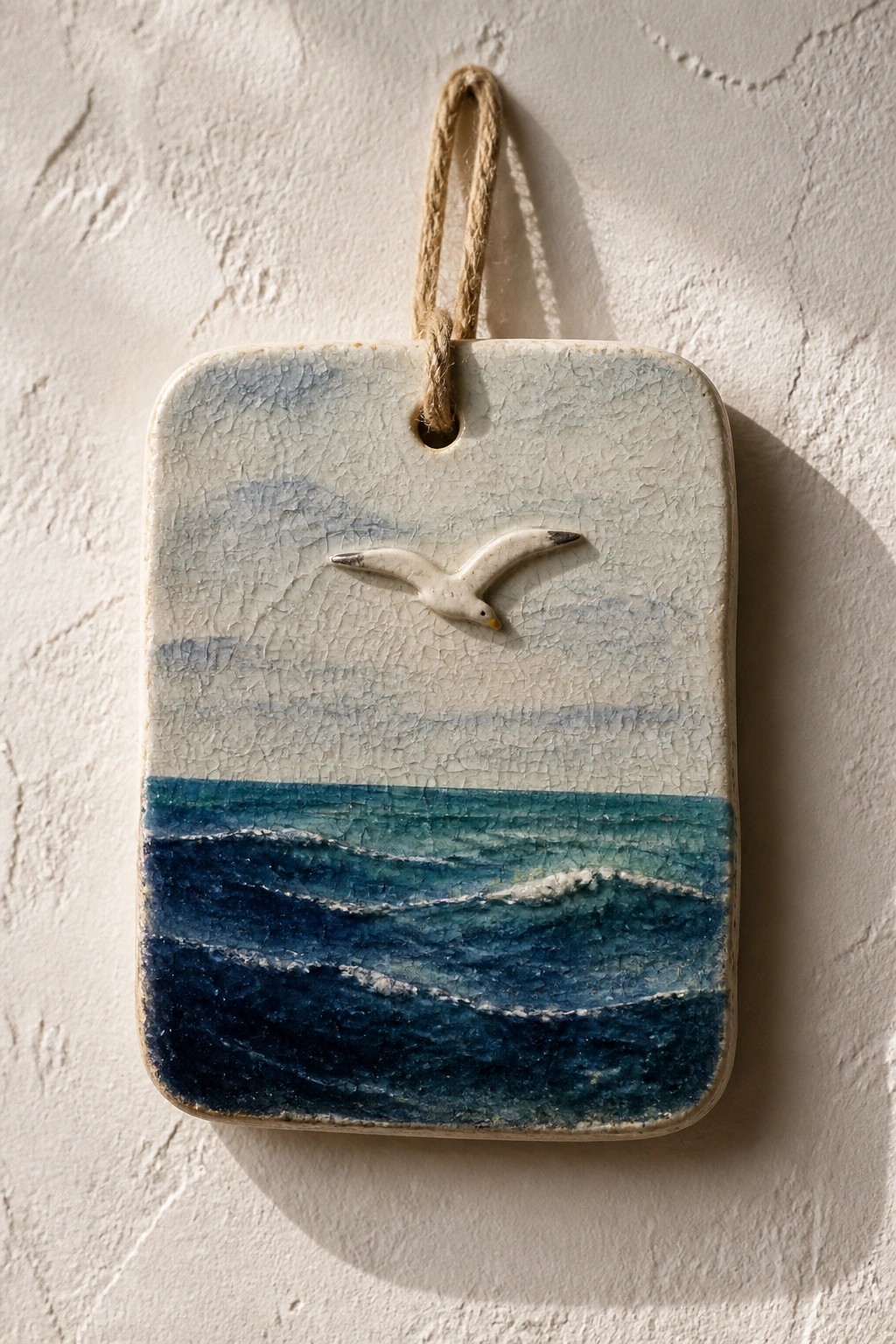 Crackled ceramic plaque with blue ocean waves and flying seagull, hanging by rope on wall.