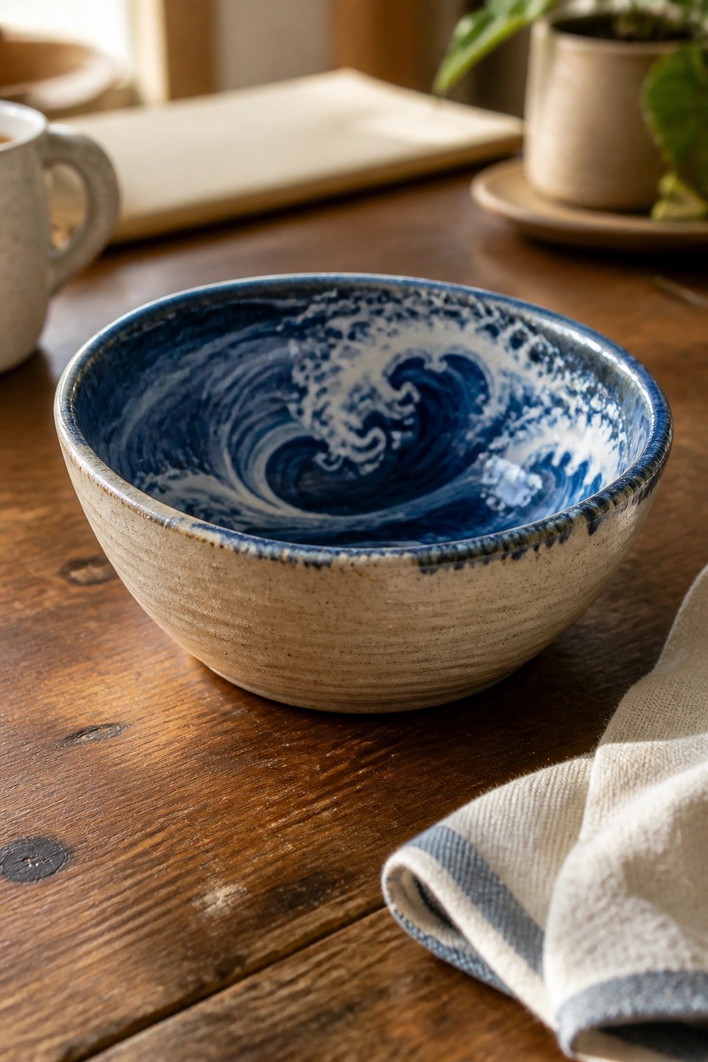 Ceramic bowl with blue wave pattern on wooden table beside white napkin