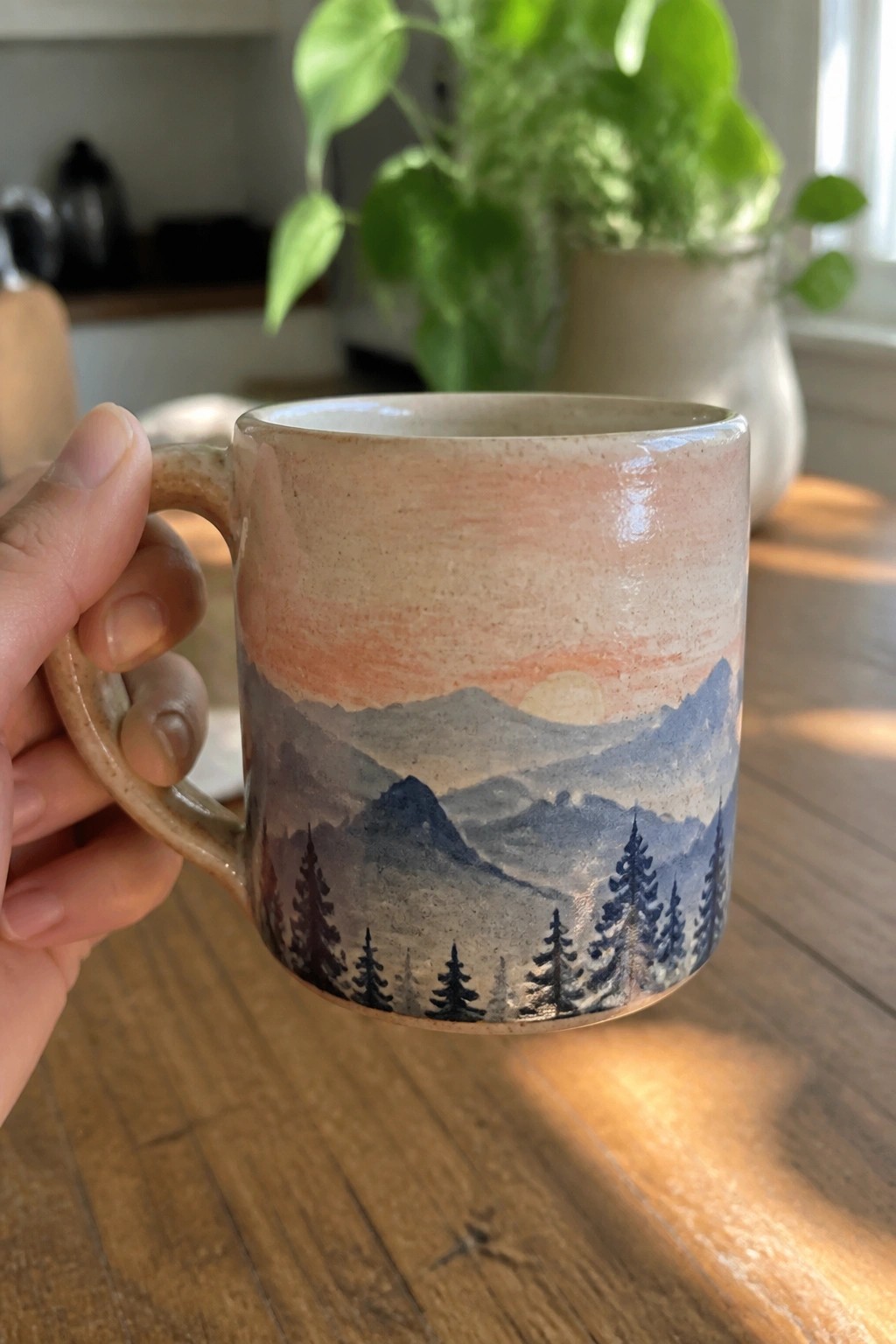 Hand holding ceramic mug with painted mountain sunset, trees, and pink sky.