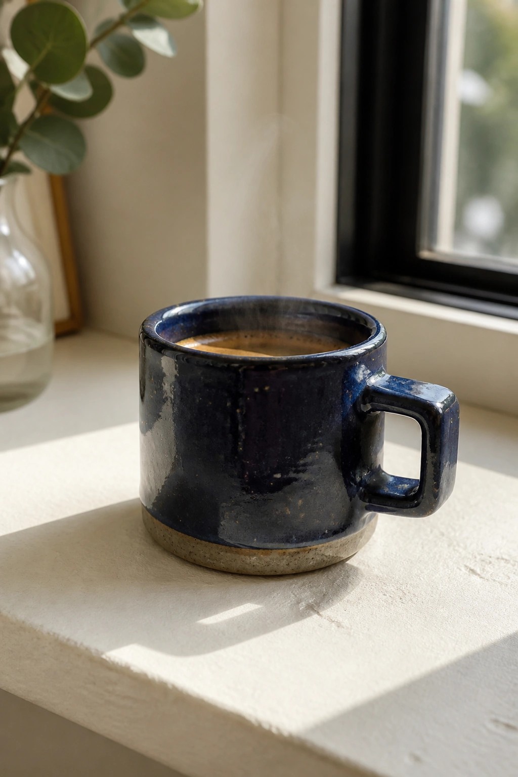 Blue ceramic mug with steam on sunlit white windowsill beside plant