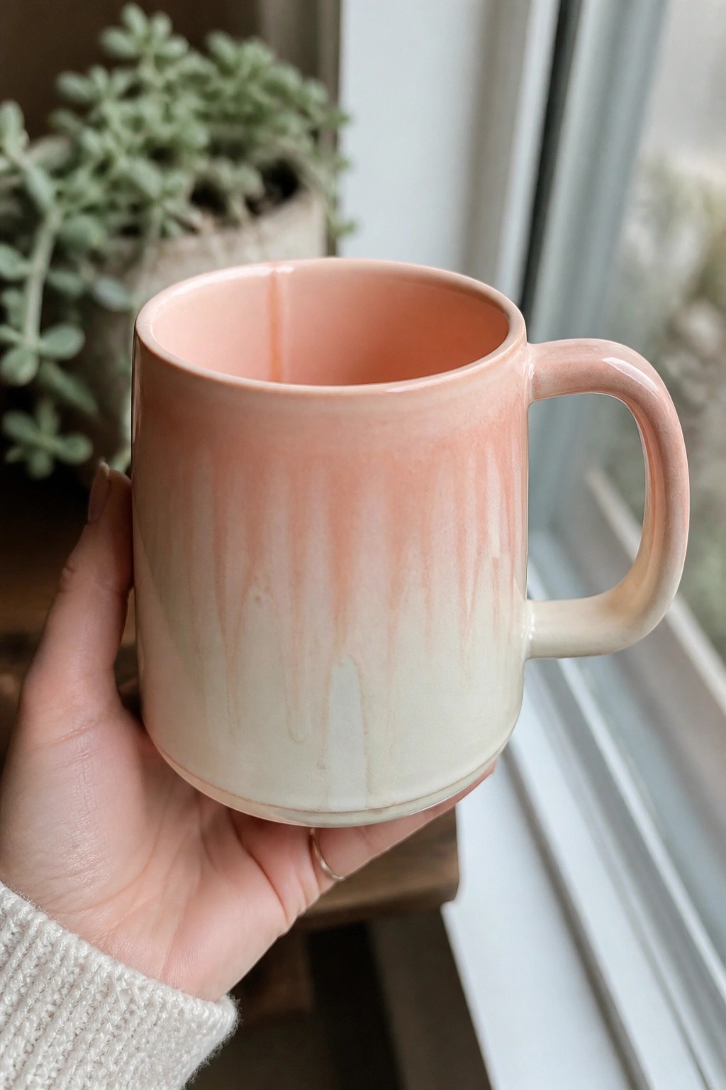 Hand in white sweater holds pink cream ceramic mug with drip glaze, plant and window behind.
