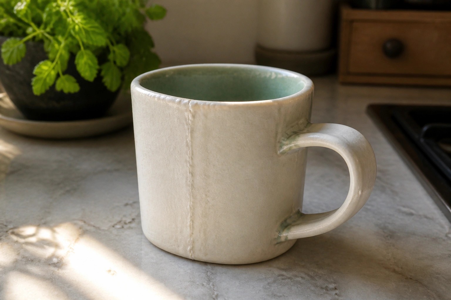 Beige ceramic mug with green interior beside terracotta potted basil plant in sunlight