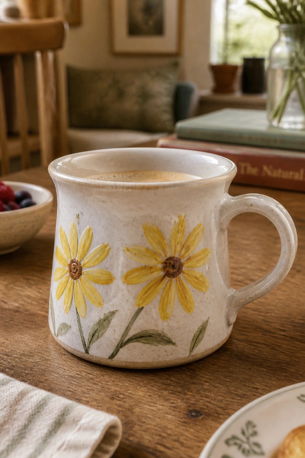 White ceramic mug with yellow daisies filled with coffee on wooden table