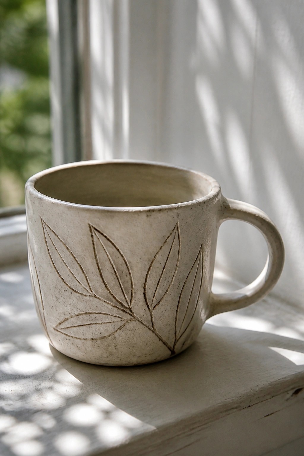 White ceramic mug with leaf engravings on sunlit windowsill with shadows