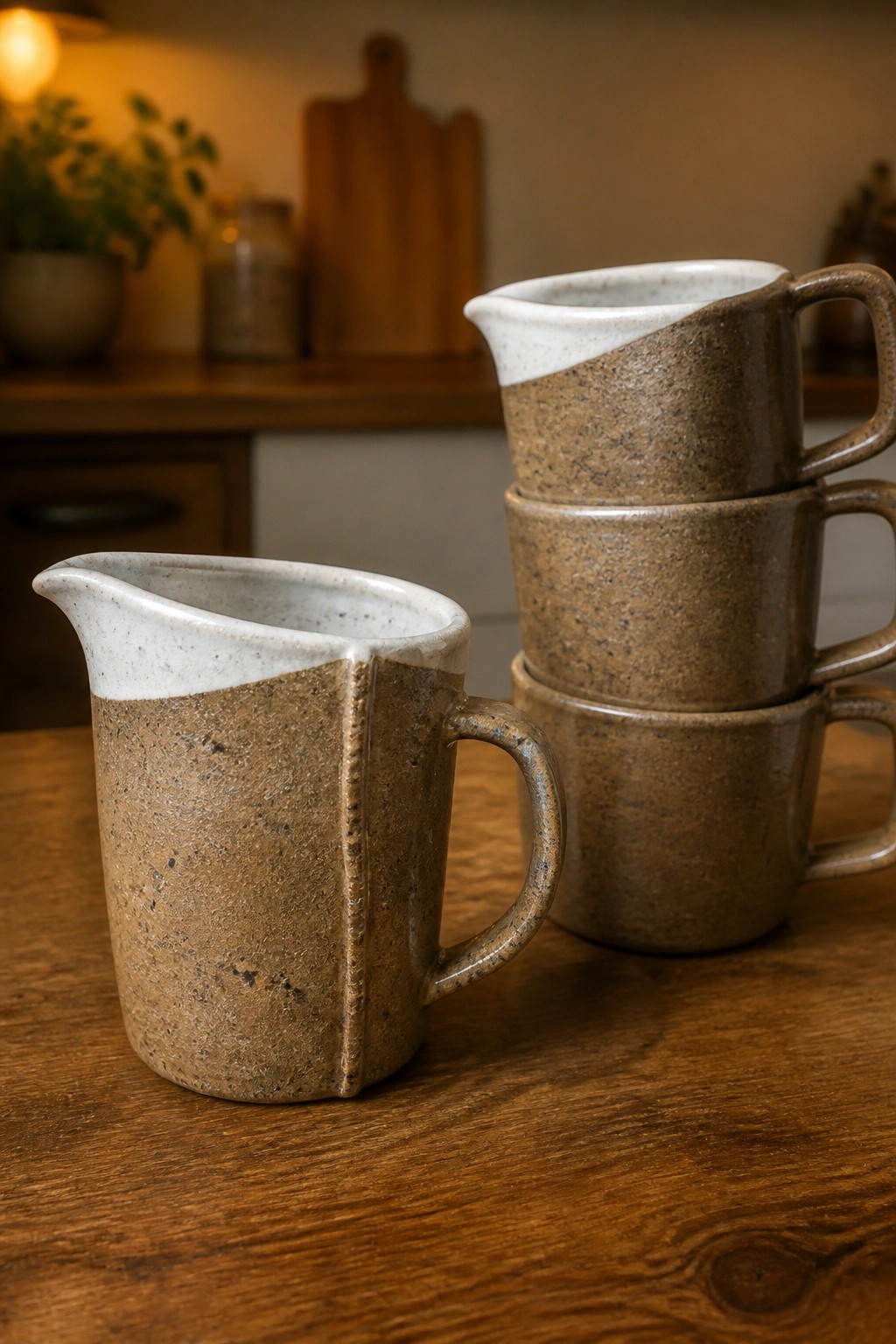 Speckled brown ceramic pitcher beside stack of mugs on wooden table