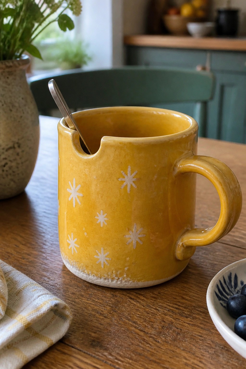 Yellow ceramic mug with white stars and spoon on wooden kitchen table