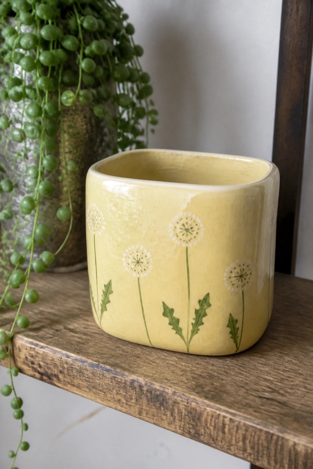 Yellow ceramic pot with dandelion prints on wooden shelf beside trailing plant