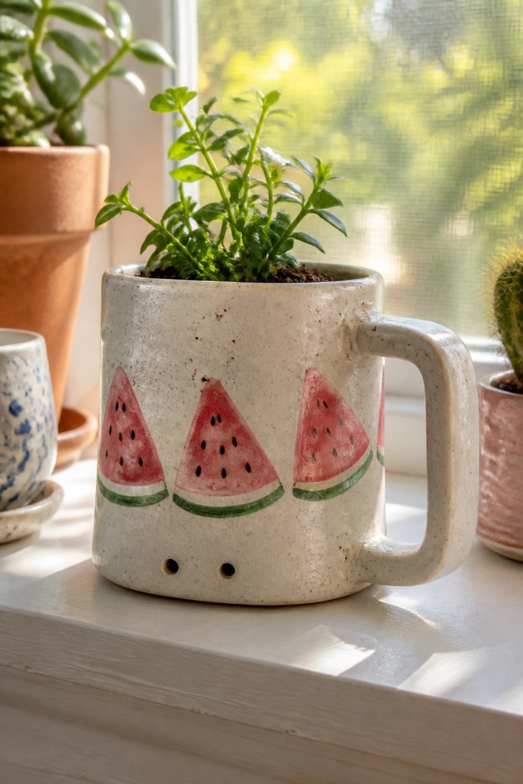 White ceramic mug with watermelon slices holding green plant on windowsill