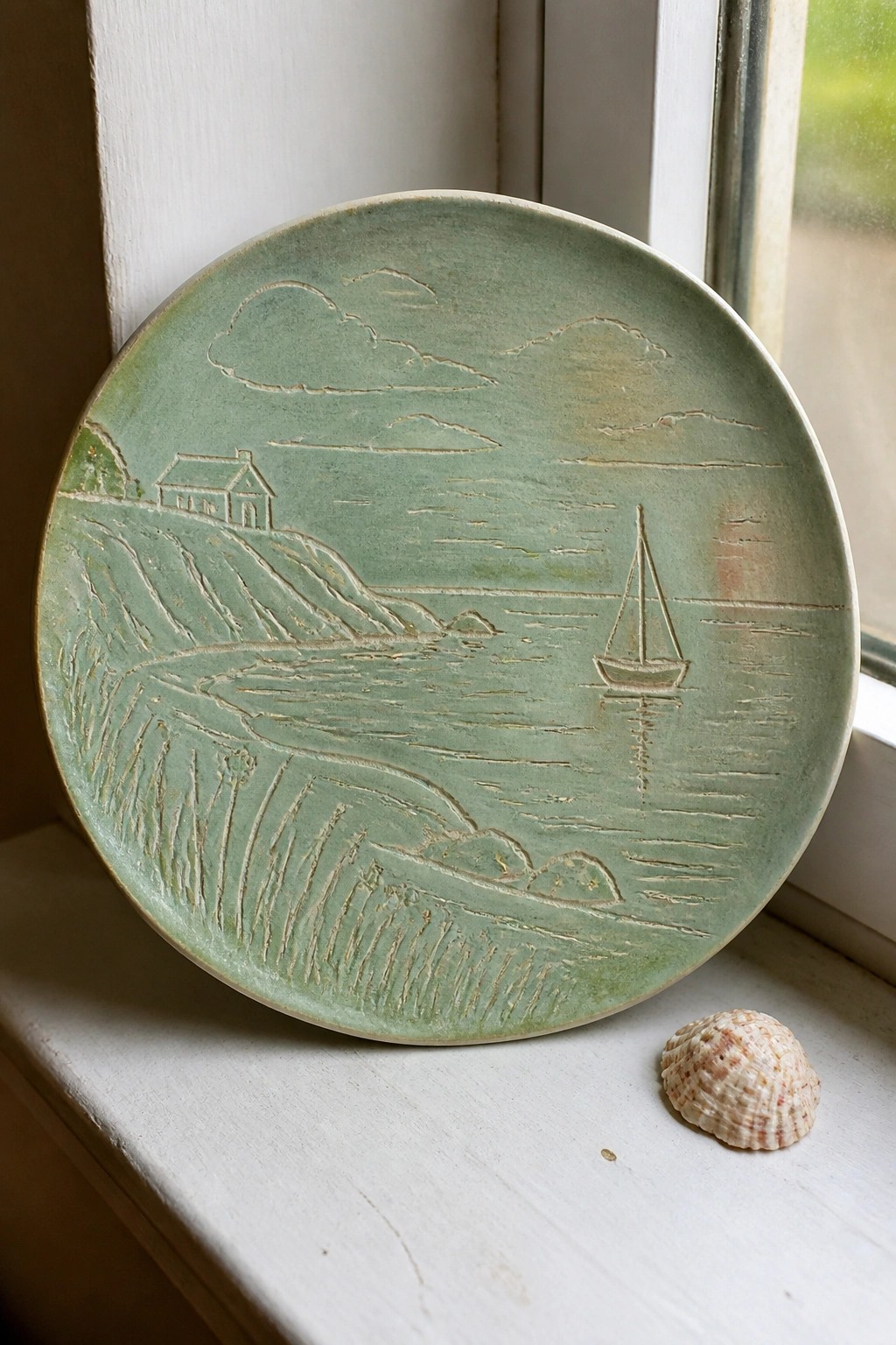 Light green ceramic plate with incised coastal scene of house and sailboat beside seashell