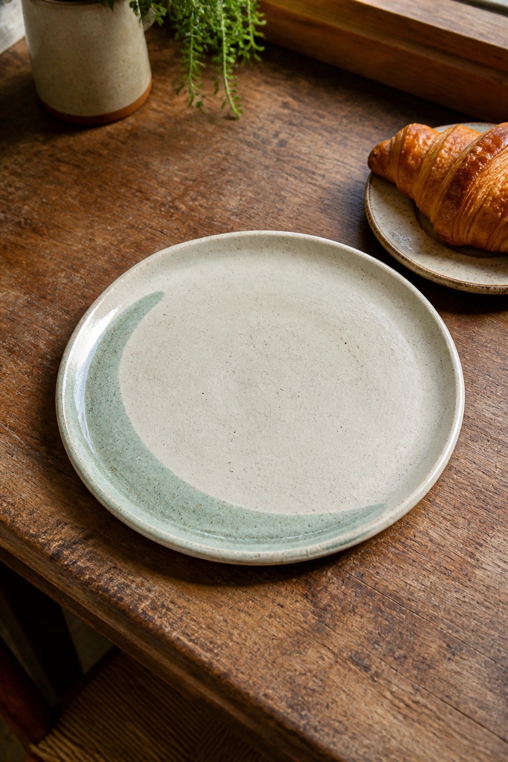Empty ceramic plate with green rim on wooden table near croissant and plant