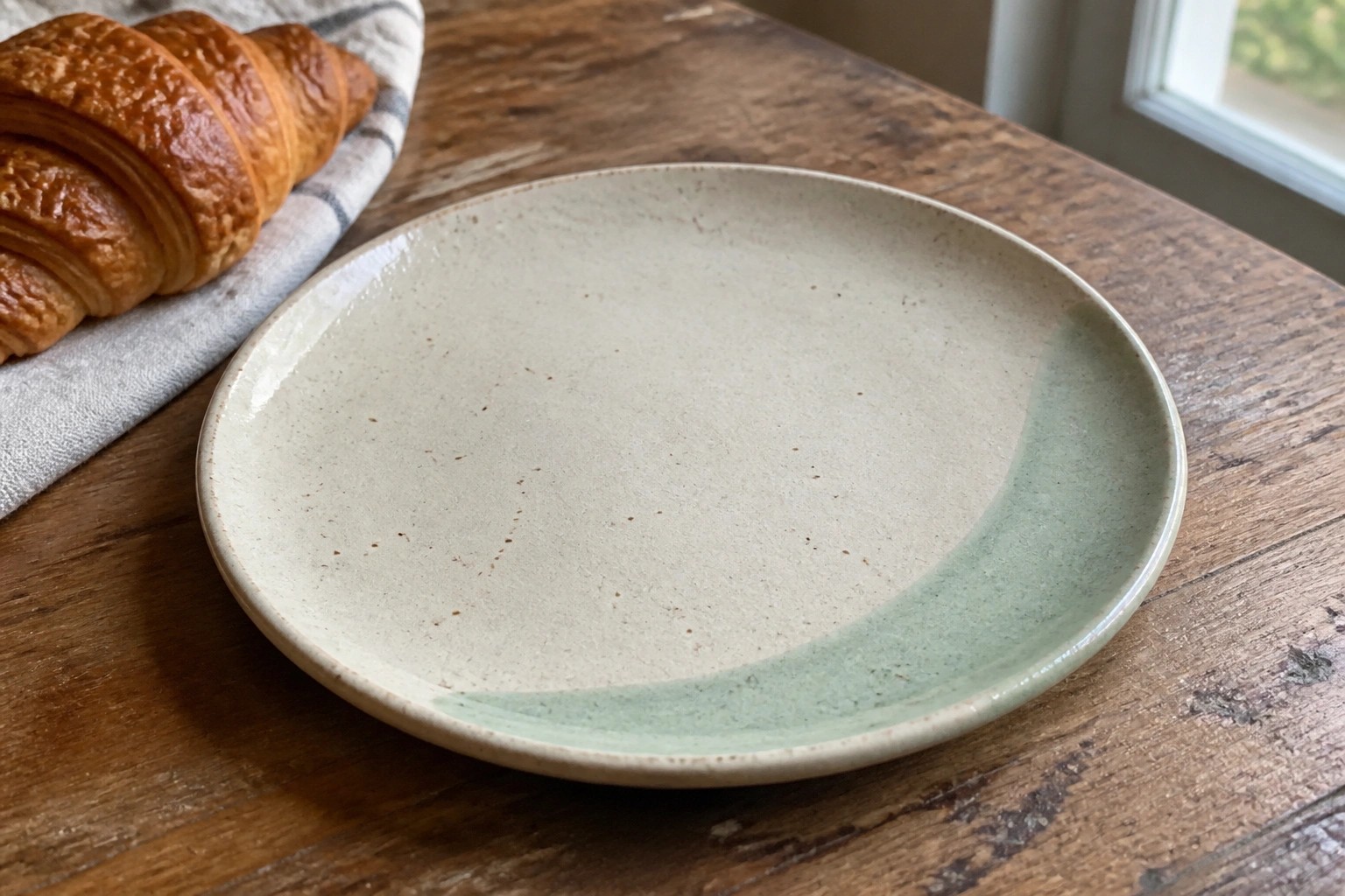 Empty ceramic plate with green rim on wooden table near croissant and plant