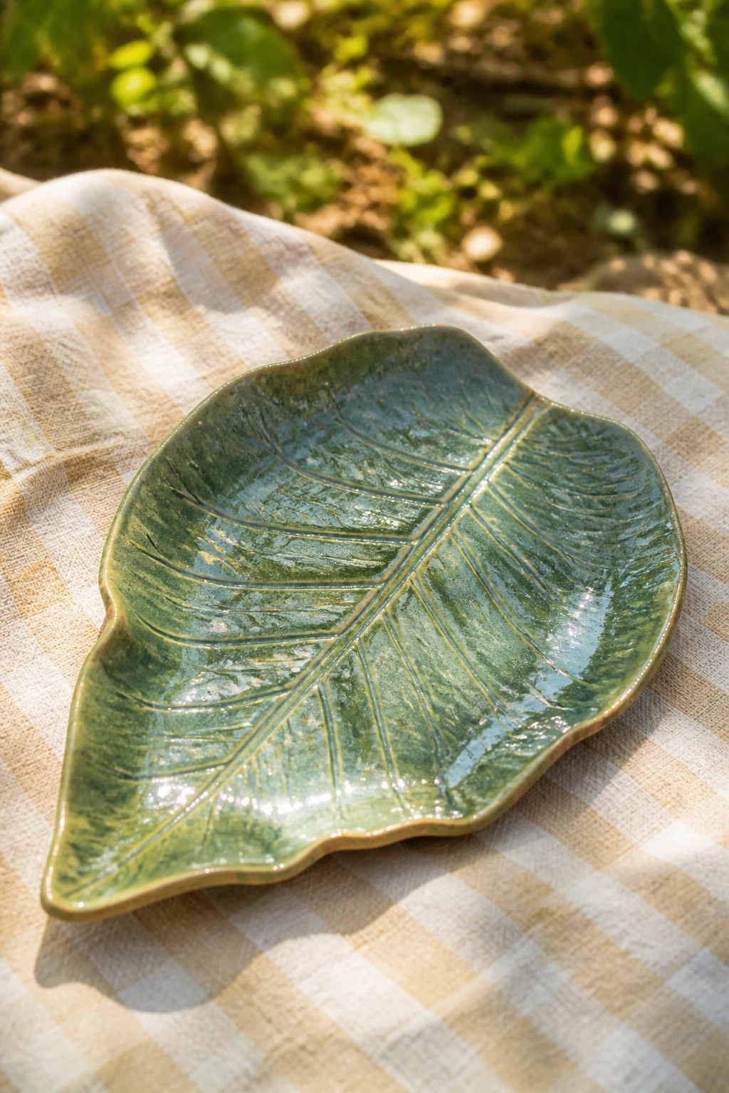 Green leaf-shaped ceramic plate on yellow gingham cloth in sunlight