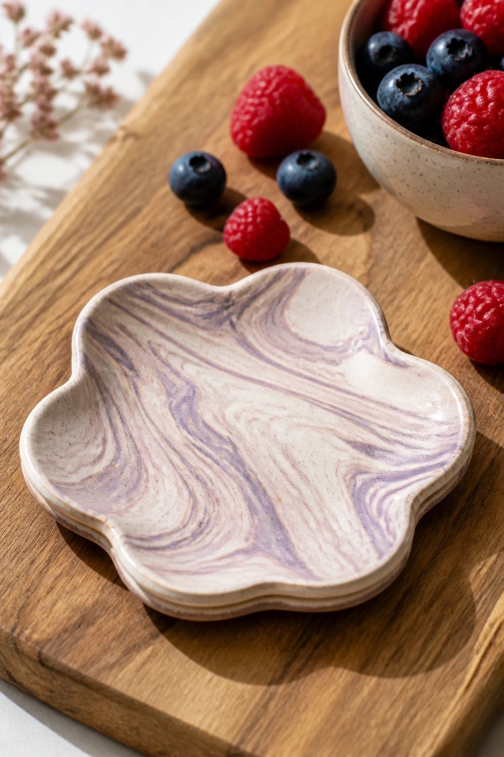 Marbled purple ceramic dish on wood with raspberries and blueberries nearby.