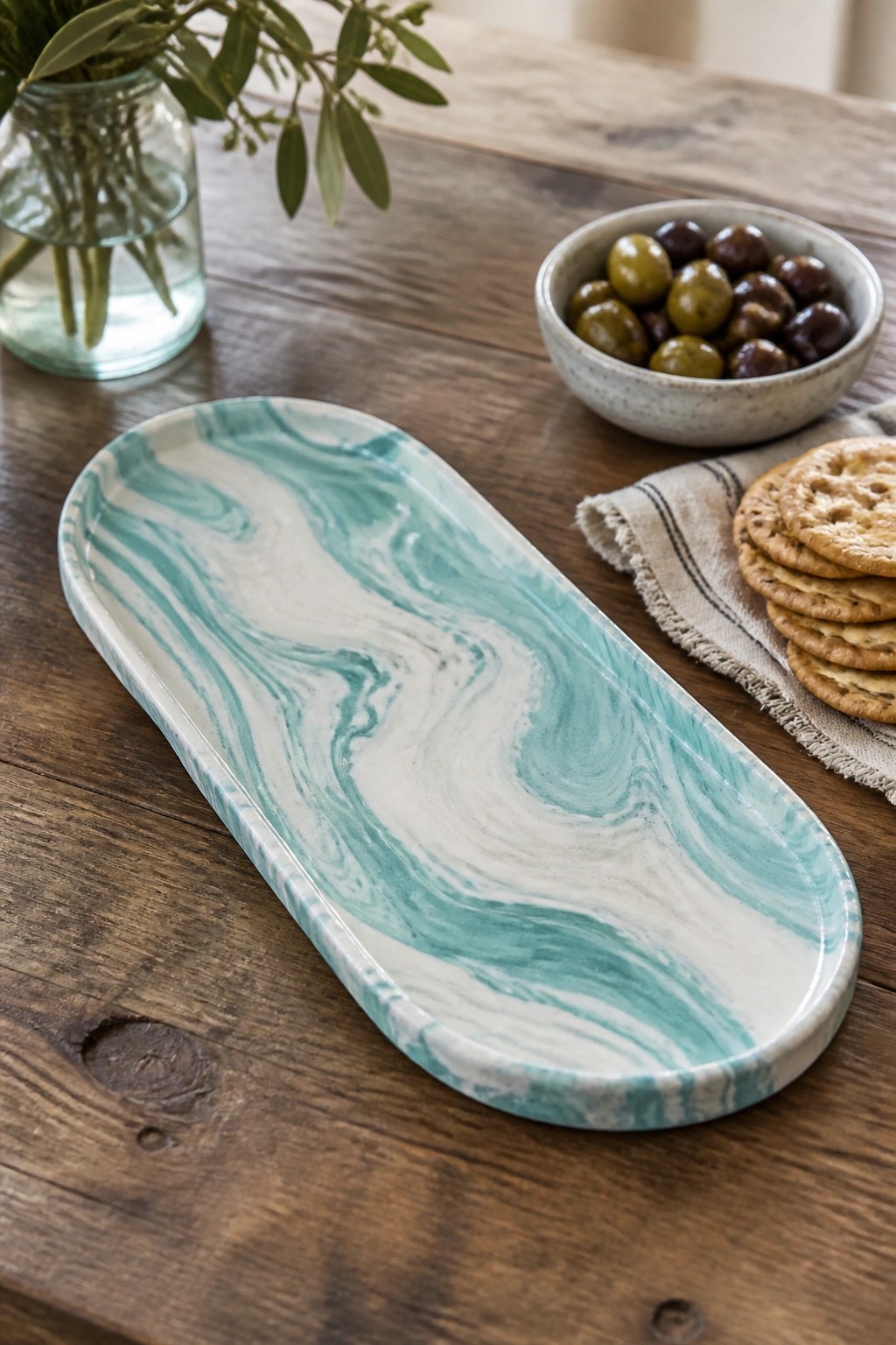 Swirling turquoise and white marbled tray beside olives, crackers, and leafy vase on wood.