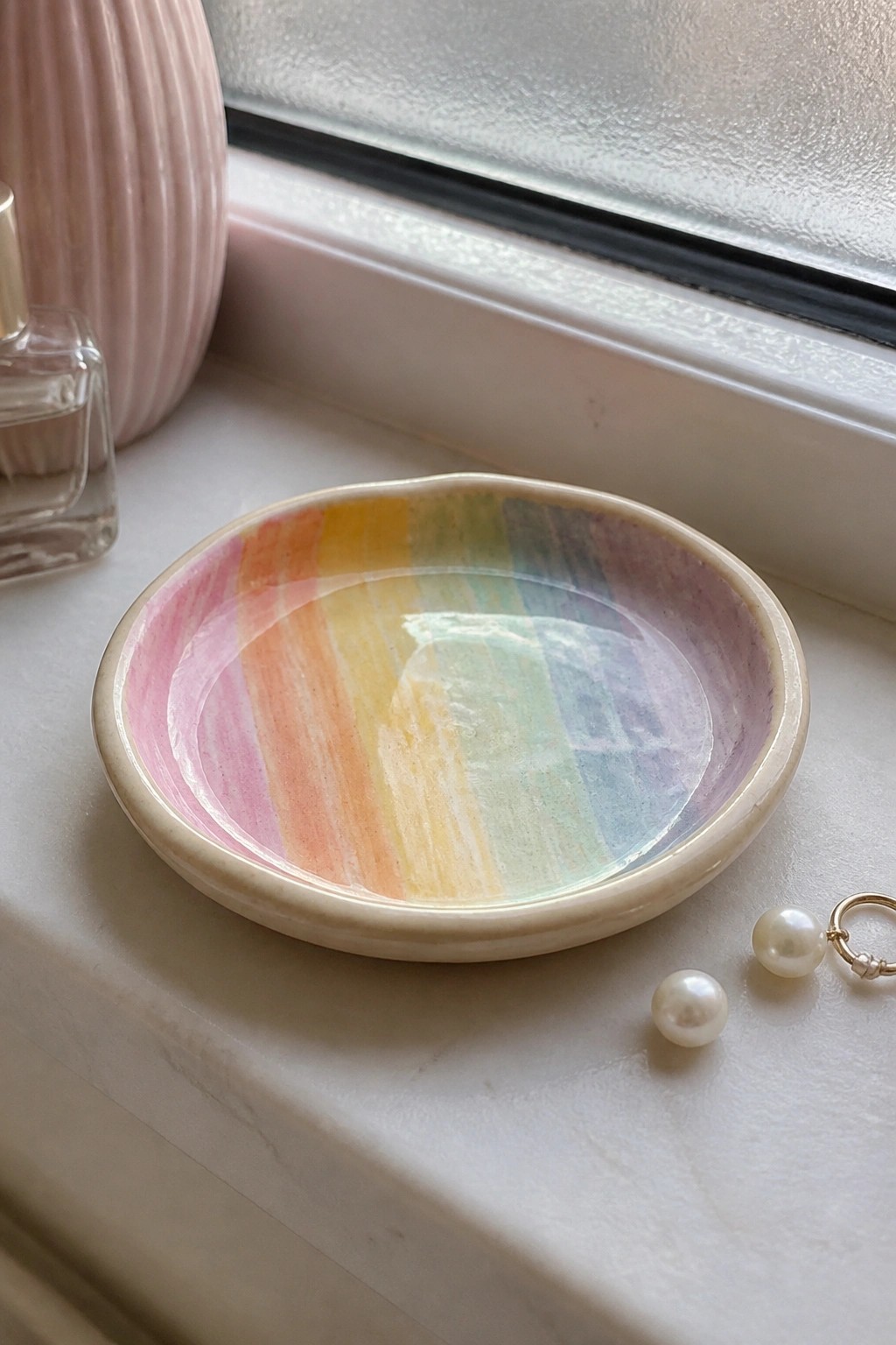 Rainbow striped ceramic dish on windowsill beside pearl earrings and gold ring