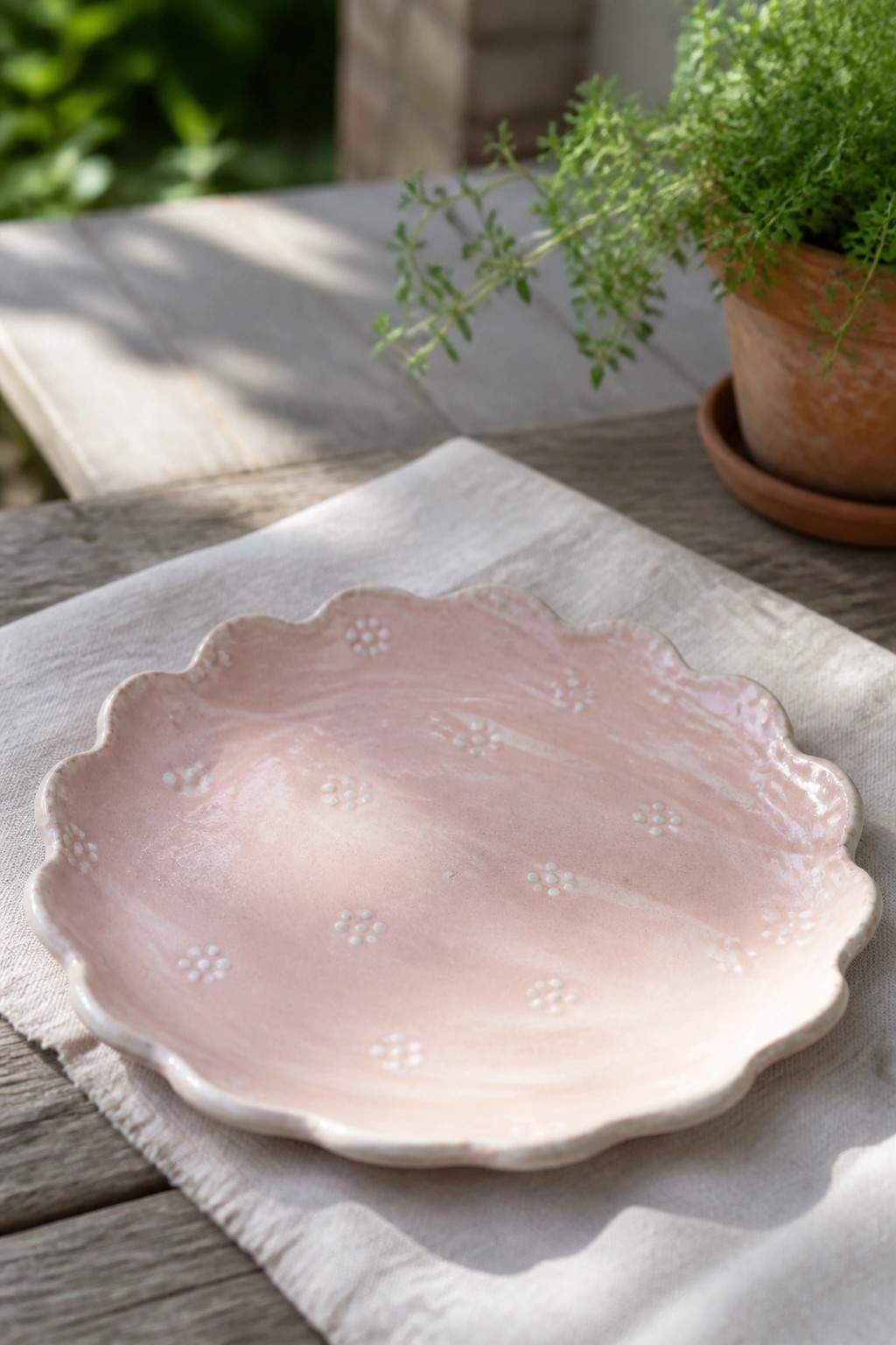 Pink scalloped ceramic plate with white dots on linen napkin near potted plant